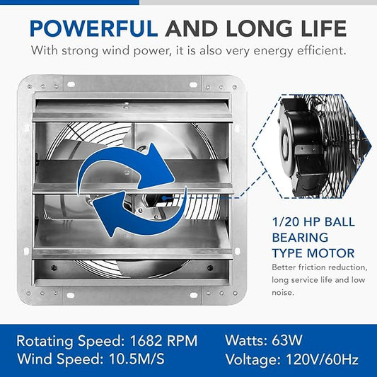 Simple Deluxe 12 Inch Variable Shutter Exhaust Fan Aluminum with Speed Controller and Power Cord Kit, 1620RPM, 1600 CFM