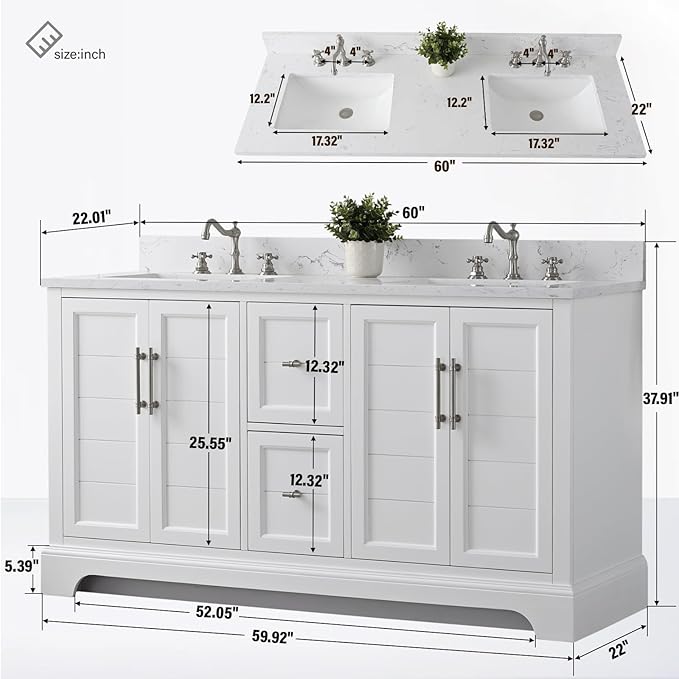 HOMEBEYOND 60 Inch Bathroom Vanity with Double Sink & Ceramic Top, Vanity Cabinet with Center Countertop Basin, Soft-Closing Doors, Backsplash,White