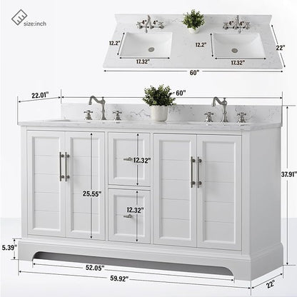 HOMEBEYOND 60 Inch Bathroom Vanity with Double Sink & Ceramic Top, Vanity Cabinet with Center Countertop Basin, Soft-Closing Doors, Backsplash,White