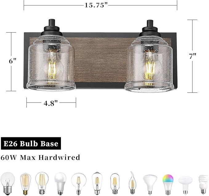 Vanity Lights for Bathroom Large 15.8", Farmhouse Rustic Vanity Light with Bubble Glass Shades, Brown 2 Light Bathroom Lighting Fixtures Over Mirror, Bath Wall Sconce Home Decor