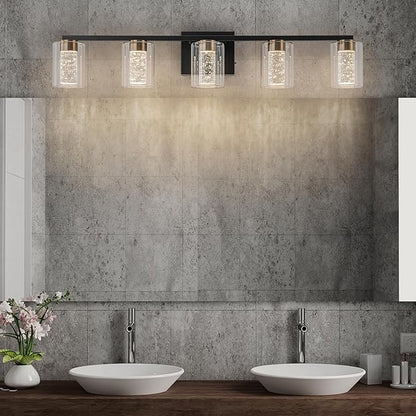 SineRise 5-Light Black and Gold Vanity Light with 3 Color Modes (3000K/4000K/6000K), Eye Protection LED Bathroom Light Fixture, Dimmable Modern Wall Light Over Mirror with Clear Glass Shade