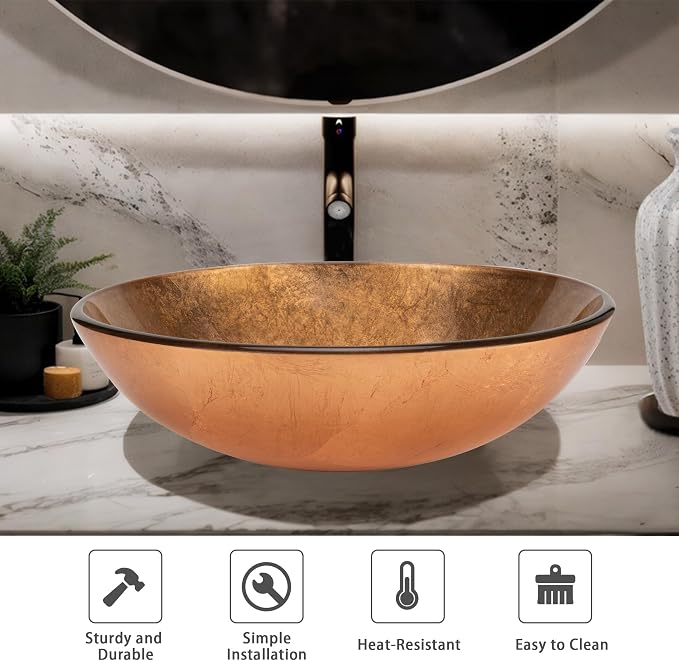 YIMAI 16" Gold Glass Vessel Sink Tempered Glass Above-Counter Bathroom Sink Bowl, Countertop Vanity Basin with Matching Faucet & Pop-Up Drain Included, Easy Install for Master or Powder Room
