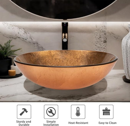 YIMAI 16" Gold Glass Vessel Sink Tempered Glass Above-Counter Bathroom Sink Bowl, Countertop Vanity Basin with Matching Faucet & Pop-Up Drain Included, Easy Install for Master or Powder Room