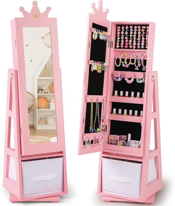 CHARMAID 360° Swivel Kids Jewelry Cabinet, 47" Full Length Mirror with Jewelry Storage, Jewelry Armoire with Drawer and Back Shelf, Kids Vanity Dressing Mirror Jewelry Organizer for Girls (Pink)