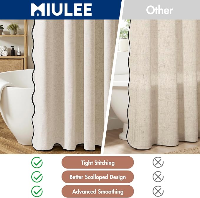 MIULEE 84" Long Beige Scalloped Linen Shower Curtain 72W x 84L | 12 metal hooks, Linen scalloped, waterproof washable, thick heavy cloth, black border, boho farmhouse, bathroom hotel use