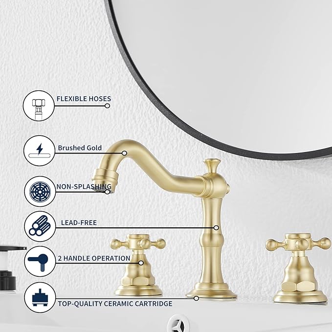 Brushed Gold Bathroom Faucet GGStudy 2 Handles 3 Holes Widespread Bathroom Sink Facuet Farmhouse Washingroom Faucet Mixer Tap
