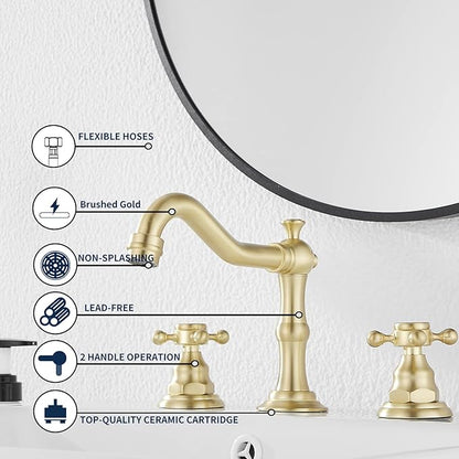 Brushed Gold Bathroom Faucet GGStudy 2 Handles 3 Holes Widespread Bathroom Sink Facuet Farmhouse Washingroom Faucet Mixer Tap