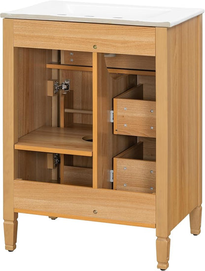 24" Modern Bathroom Vanity with Ceramic Sink, Solid Wood Frame Freestanding Storage Cabinet w/2 Drawers & Tilt-Out Drawer, Door Rack & Adjustable Shelf, Golden Metal Handles, Wood