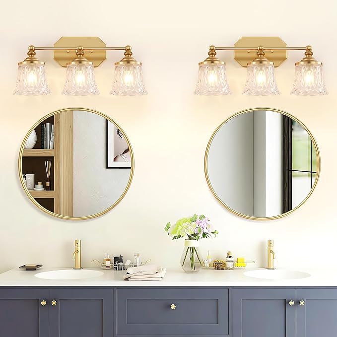Vintage 3-Light Gold Bathroom Vanity Light, Crystal Glass Shade | Antique Style, Brushed Gold Finish, Rust-resistant Metal, E26 Base, Over Mirror Wall Lighting for Bathroom Restroom