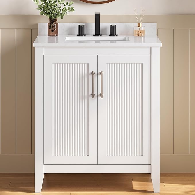 LIKIMIO 30" Bathroom Vanity with Sink, Freestanding Bathroom Vanity with 2 Soft-Close Doors, Engineered Stone Countertop with Undermount Ceramic Sink, Modern Stripe Design, Easy Assembly, White
