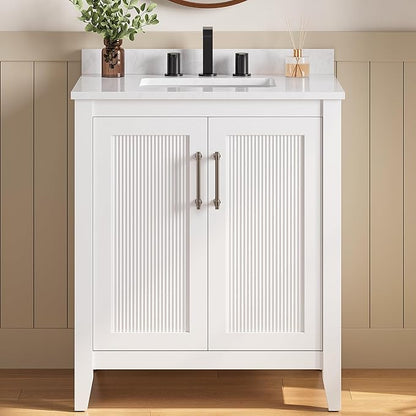 LIKIMIO 30" Bathroom Vanity with Sink, Freestanding Bathroom Vanity with 2 Soft-Close Doors, Engineered Stone Countertop with Undermount Ceramic Sink, Modern Stripe Design, Easy Assembly, White