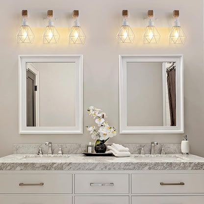 VbiTmn Bathroom Light Fixtures, 3 Light White Farmhouse Wood Vanity Lights | Rustic Design, Diamond Metal Shades, Easy to Install, Wall Sconces for Bathroom, Bedroom, Makeup Area, Over Vanity Mirror