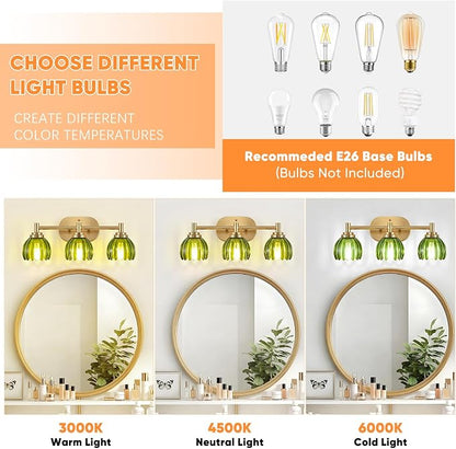 Bathroom Light Fixtures, 3-Light Brushed Gold Vanity Lights for Bathroom with Tulip Green Glass Shade, Bathroom Vanity Lighting Over Mirror, Gold Wall Lamps for Bedroom, Living Room, Hallway