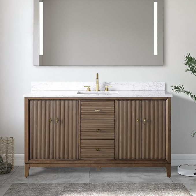 Vanity Art 60" Bathroom Vanity with Single Sink & Arabescato White Engineered Stone Top, Vanity Cabinet with Soft Closing Door, Solid Wood Frame, Golden Brushed Handles, Walnut VA8160S-Walnut-GB