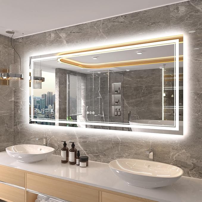 60x28 Inch RGB LED Bathroom Mirror with Lights | Front and RGB Backlit, Dimmable, Memory, Anti Fog, Shatterproof, Horizontal/Vertical, Lighted Mirrors for Bathroom Wall