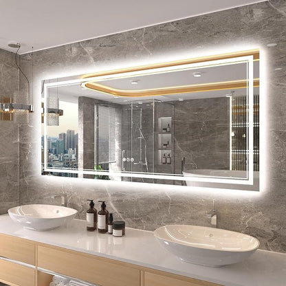 60x28 Inch RGB LED Bathroom Mirror with Lights | Front and RGB Backlit, Dimmable, Memory, Anti Fog, Shatterproof, Horizontal/Vertical, Lighted Mirrors for Bathroom Wall