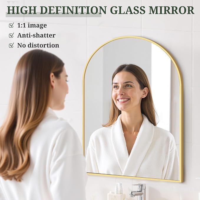 Arched Wall Mirror 30x20 Inch Gold Bathroom Vanity Mirror with Metal Frame | Modern Arch Mirror for Bedroom, Living Room, Entryway, Wall Mounted Decorative Mirror