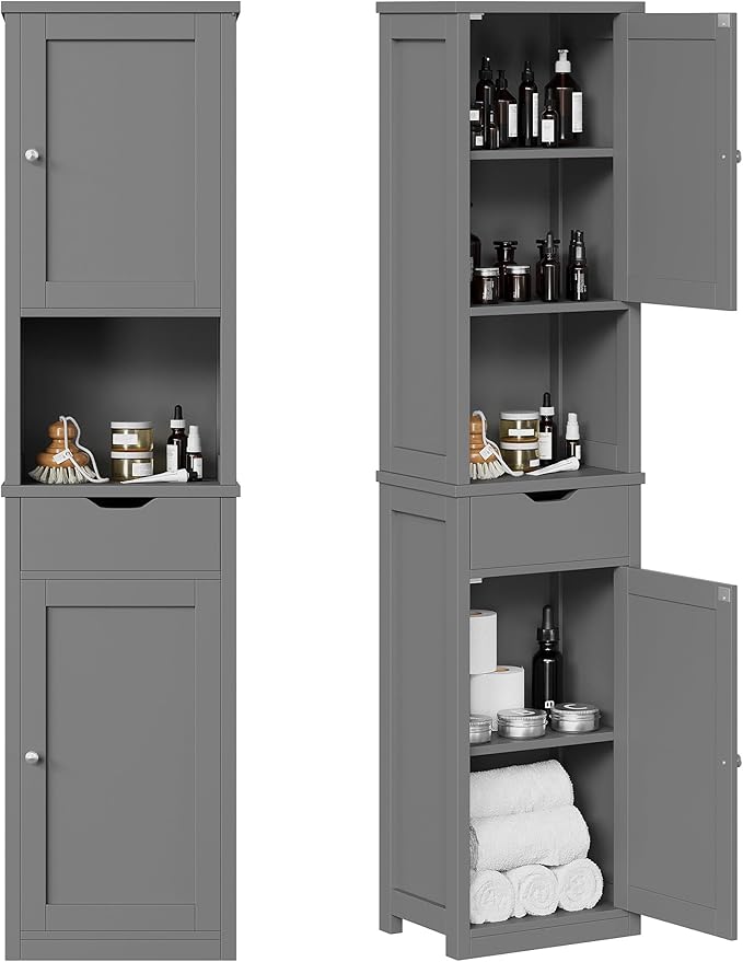Shintenchi Tall Bathroom Storage Cabinet, Slim Corner Floor Cabinet with Doors and Drawer, Freestanding Narrow Bathroom Organizer with Adjustable Shelves for Small Space, Gray