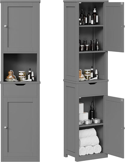 Shintenchi Tall Bathroom Storage Cabinet, Slim Corner Floor Cabinet with Doors and Drawer, Freestanding Narrow Bathroom Organizer with Adjustable Shelves for Small Space, Gray