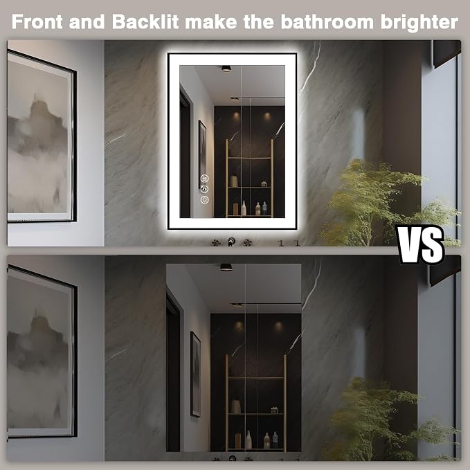 EchosLife 24x32 LED Bathroom Mirrors for Wall - Black Aluminum Framed | Black Frame, Front and Backlit, Anti-Fog, Stepless Dimmable, 3 Colors, Memory, Tempered Glass, UL Listed, Horizontal/Vertical