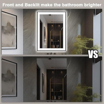 EchosLife 24x32 LED Bathroom Mirrors for Wall - Black Aluminum Framed | Black Frame, Front and Backlit, Anti-Fog, Stepless Dimmable, 3 Colors, Memory, Tempered Glass, UL Listed, Horizontal/Vertical