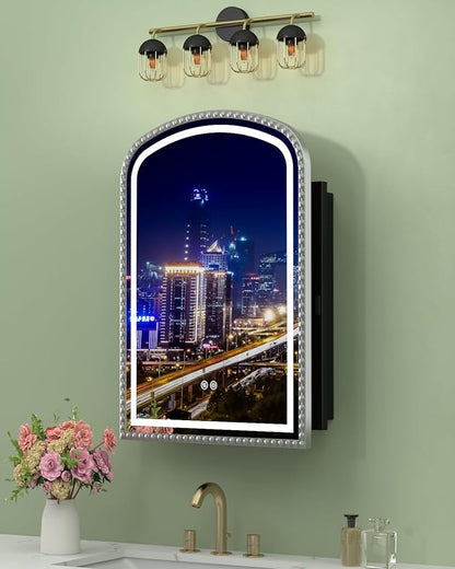 Daisy Beaded LED Medicine Cabinet with Mirror, Lighted Bathroom Mirror with Storage Full-Metal, Dimmable 3 Colors Lighting Anti-Fog and Memory Function, 1 Organizer Box, Bling Silver 20x28 Inch