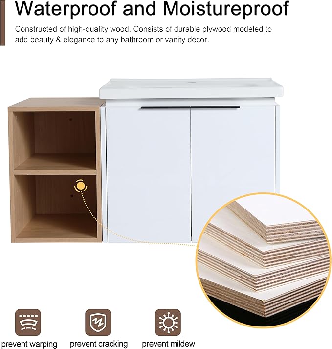 Malwee 36" Floating Bathroom Vanity with White Ceramic Basin Sink Top, 36 Inch Single Sink Wall Mounted Bathroom Vanity, with 2 Doors and Storage Shelve.MA07436