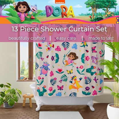 Dora The Explorer 13-Piece Shower Curtain Set, 72 x 72 Inch Fabric Curtain with Hooks, Bathroom Decor, Machine Washable, (100% Officially Licensed Product) by Franco Collectibles