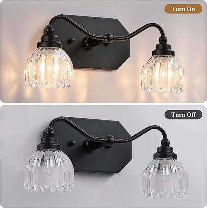 Vintage Bathroom Light Fixtures, 2 Light Bathroom Vanity Light, Black Matte Antique Brass Finish with Crystal Glass Shade, Mid Century Wall Sconces for Bedroom, Living Room, Hallway