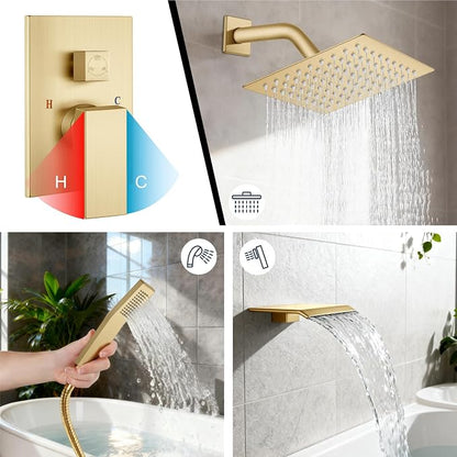 Midanya Shower System with Tub Spout,8 Inch Shower Head,Brushed Gold | with Valve & Trim Kit,Square Rain Head,Handheld Sprayer,Waterfall Spout,All Metal Wall Mount Bathroom Shower Tub Faucet Set
