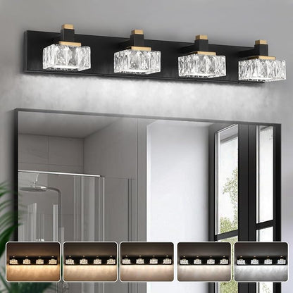 Bathroom Vanity Lights Over Mirror,4-Light Dimmable 5CCT Led Vanity Lights Black Gold Crystal Wall Sconce Lighting 29.92 inches Modern Vanity Light for Bathroom,Bedroom,Living room(3000K-6000K）