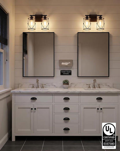 2-Light Oil Rubbed Bronze Bathroom Light Fixtures Over Mirror, 13.2" UL-Listed Modern Farmhouse Wall Sconce Lights with Clear Glass and Metal Cage for Bath, Hardwire E26, CH9176ORB-2W
