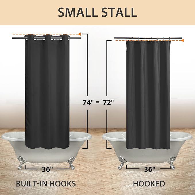 River Dream No Hook Stall Shower Curtain or Liner Microfiber Black, 36x74 | Waterproof Small Fabric Shower Curtain Set for Narrow Stall, Bottom Magnets, Soft & Machine Washable, 36W x 74H