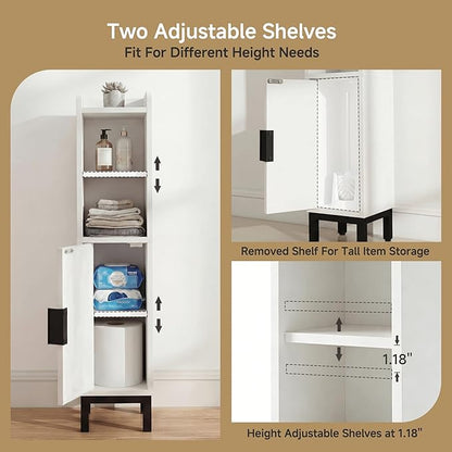 Small Bathroom Storage Cabinet, Corner Narrow Toilet Paper Floor Cabinet with Door and Shelves,Bathroom Organizer with Adjustable Shelf, for Small Spaces (White, 4-Tier)