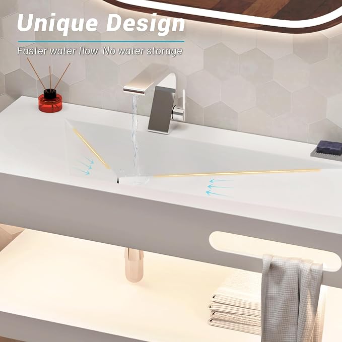 48"x19" Wall Mount Bathroom Vanity with LED Smart Sensor Light, Stone Resin Floating Vanity Sink Rectangular Vessel White Trough Art Basin with Shelf Layer
