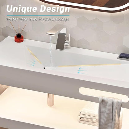 48"x19" Wall Mount Bathroom Vanity with LED Smart Sensor Light, Stone Resin Floating Vanity Sink Rectangular Vessel White Trough Art Basin with Shelf Layer