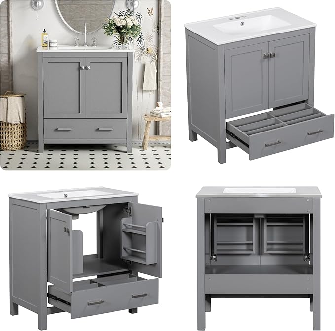 30" Freestanding Bathroom Vanity with Sink, Floor Stand Bathroom Storage Cabinet with Ceramic Sink, Doors with Double-Layered Storage Shelves, Modern Compact Vanity with Divided Drawer, Gray