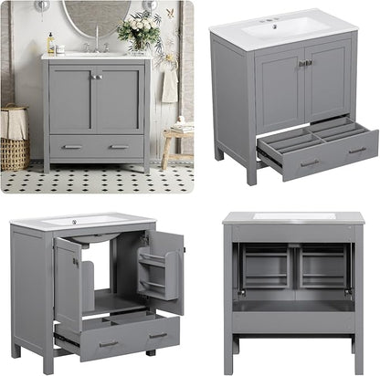 30" Freestanding Bathroom Vanity with Sink, Floor Stand Bathroom Storage Cabinet with Ceramic Sink, Doors with Double-Layered Storage Shelves, Modern Compact Vanity with Divided Drawer, Gray