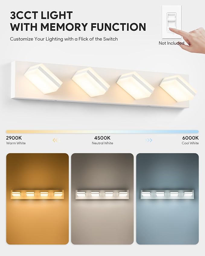 VONLUCE LED Modern Bathroom Vanity Light Fixture, Matte White | 26'', 4-Light, 3CCT, 360° Rotate, High CRI, Flicker-free, Dimmable, Memory Function, Waterproof IP44, Easy Installation