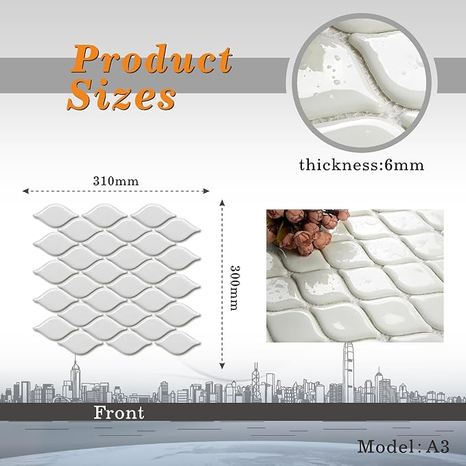 5 Sheets White Diamond Mosaic Wall and Floor Tiles for Bathroom and Kitchen 12.2 * 11.8 Inches 1 sq.ft