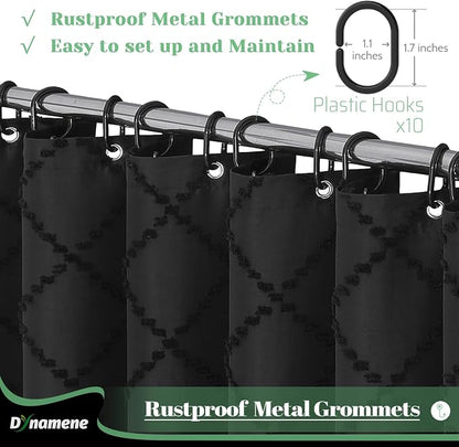 Stall Boho Farmhouse Shower Curtain Tufted Geometric 54"x72" Black | 54 Inch Wide, Elegant Tassel, Lightweight Textured Fabric, Water Repellent, Washable, for Narrow Bathroom/Dorm 10 Hooks