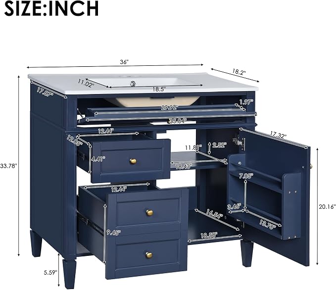 Merax 36 Inch Bathroom Vanity with Top Sink, Modern Bathroom Storage Cabinet with 2 Drawers and a Tip-Out Drawer, Solid Wood Frame Single Sink Bath Vanities, Blue
