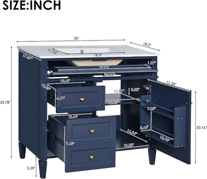 Merax 36 Inch Bathroom Vanity with Top Sink, Modern Bathroom Storage Cabinet with 2 Drawers and a Tip-Out Drawer, Solid Wood Frame Single Sink Bath Vanities, Blue