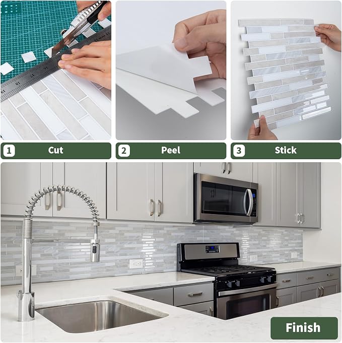 LONGKING 10-Sheet Extra Thick Peel and Stick Backsplash Tiles, Waterproof Kitchen Backsplash Peel and Stick Tile, Self-Adhesive Backsplash for Kitchen, Beige & White | Peel and stick backsplash, self-adhesive wall tile, Beige White, extra thick, waterp...
