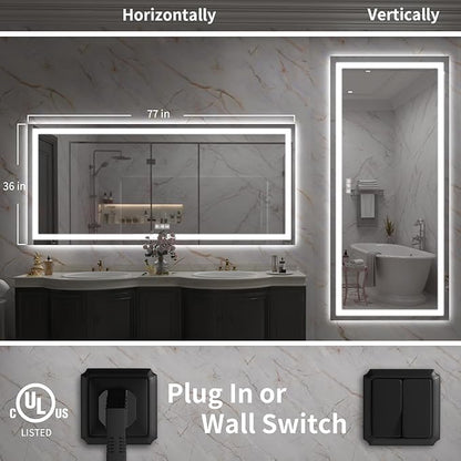 LED Mirror for Bathroom, 77x36 Inch Backlit + Front Lighted Bathroom Vanity Mirror with Lights for Wall, Double Light Strips, 3 Colors, Shatter-Proof, Anti-Fog and Brightness Memory