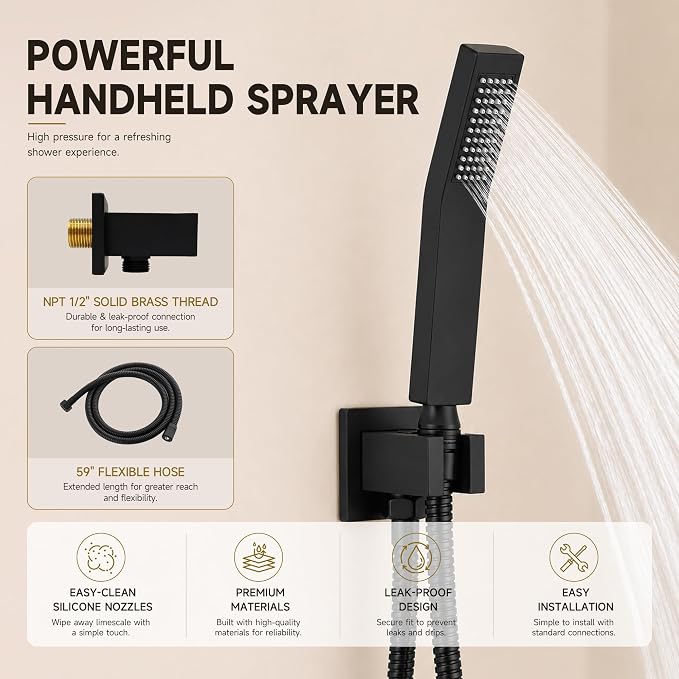 Shower System with Tub Spout, All Metal Black Bathtub Shower Faucet Set with High Pressure 10 Inch Rain Shower Head and Handheld Shower Head Set, Matte Black (Valve Include）