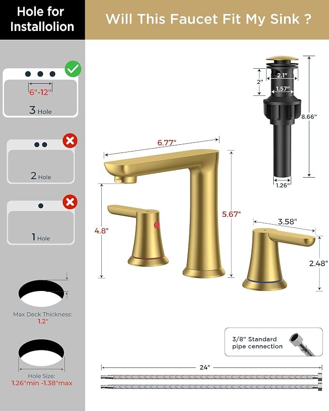 FORIOUS Brushed Gold Bathroom Faucet 3 Hole, Widespread Gold Vanity Faucet | CUPC New Modern Gold Sink Faucet Bathroom 3 Holes, Two Handle Gold Faucet for Bathroom Sink 3 Hole with 1.2GPM Spare Aerator