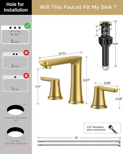 FORIOUS Brushed Gold Bathroom Faucet 3 Hole, Widespread Gold Vanity Faucet | CUPC New Modern Gold Sink Faucet Bathroom 3 Holes, Two Handle Gold Faucet for Bathroom Sink 3 Hole with 1.2GPM Spare Aerator