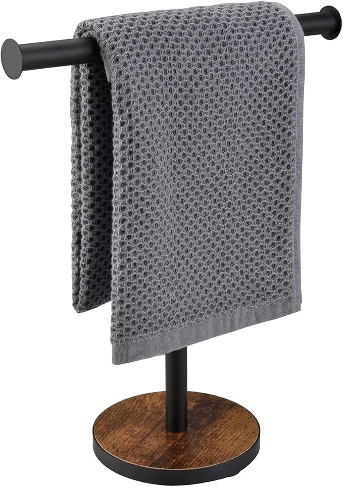 Hand Towel Holder Stand, Countertop Towel Stand for Bathroom | T-Shaped Kitchen Towel Rack with Weighted Wood Base, Western Bathroom Decor, Rustic Black and Brown