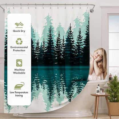 AmazerBath Shower Curtain Green, Washable Cloth Sage Green Shower Curtain Sets with 12 Metal Shower Curtain Hooks, Luxury Waterproof Rustic Fabric Shower Curtains for Bathroom Decor, 72x72 Inches